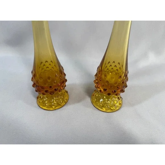 Vintage Pair Fenton Amber Glass Hobnail Swung Vases Footed Marked 10" MCM Retro - Picture 13 of 14